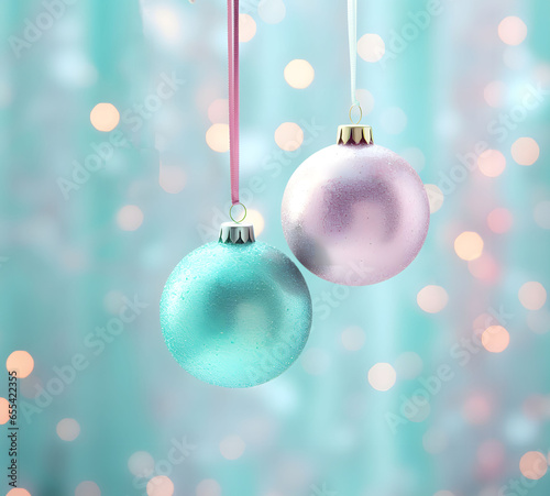 Christmas decorations  soft pastel hanging baubles on  baby blue background with muted highlights.