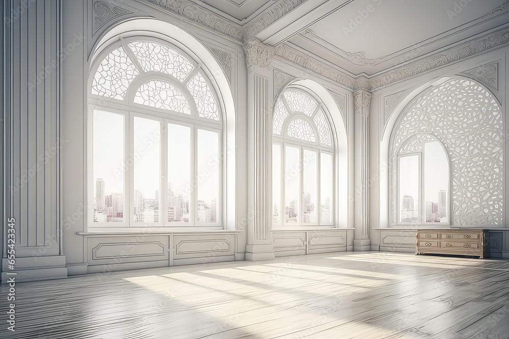 Large white living room with large arched windows and daylight from the window Large white living room with large arched windows and daylight from the window