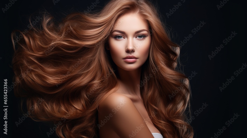 Woman with long wavy hair. Concept of hair care, hair coloring and strengthening. Feminine beauty.
