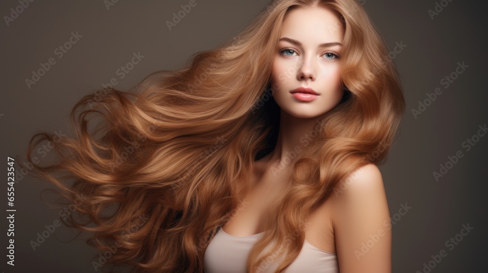 Obraz premium Woman with long wavy hair. Concept of hair care, hair coloring and strengthening. Feminine beauty.