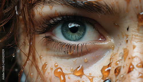 Caucasian woman eye looking at camera, wet with beauty generated by AI