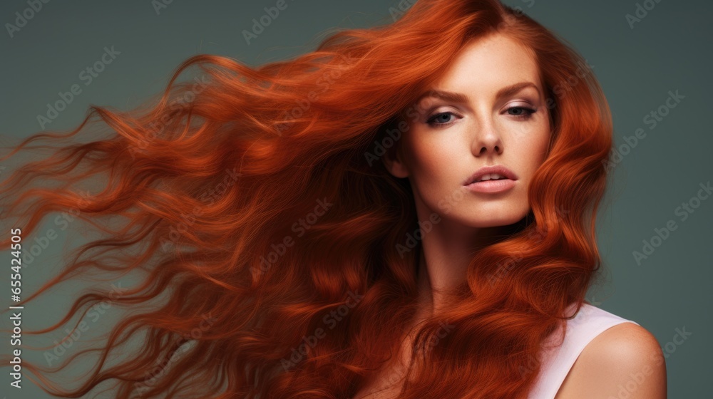 Young beautiful woman with long wavy red hair. Hair care products concept.