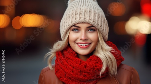 Happy girl with scarf and hat with winter outdoor © Viktor