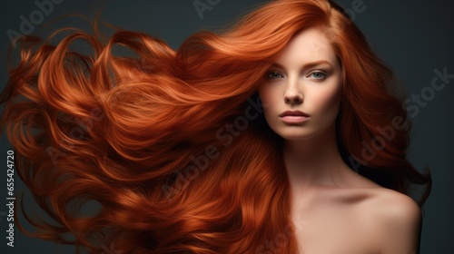 Young beautiful woman with long wavy red hair. Hair care products concept.