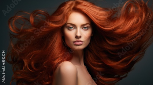 Young beautiful woman with long wavy red hair. Hair care products concept.