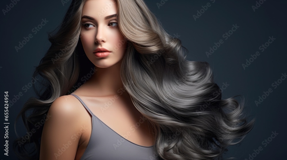 Fototapeta premium Woman with beautiful long wavy hair. Concept of hair care, hair strengthening and coloring.