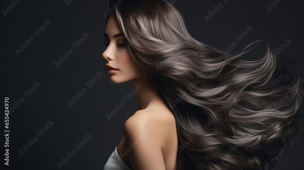 Woman with beautiful long wavy hair. Concept of hair care, hair strengthening and coloring.