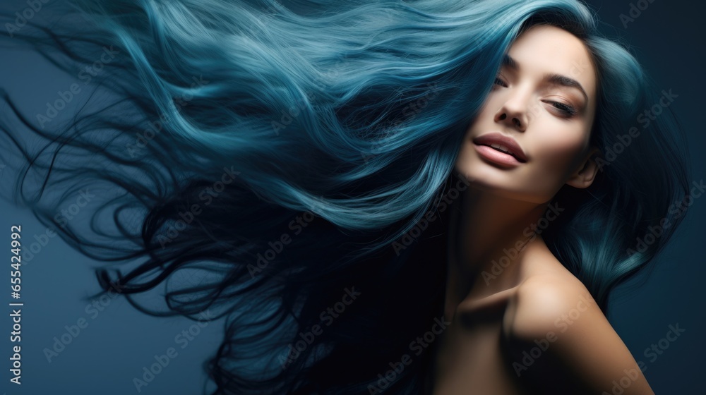 A woman with long dyed blue hair. Concept of hair care and coloring, female beauty. A woman with long dyed blue hair. Concept of hair care and coloring, female beauty.