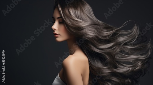 Woman with beautiful long wavy hair. Concept of hair care, hair strengthening and coloring.