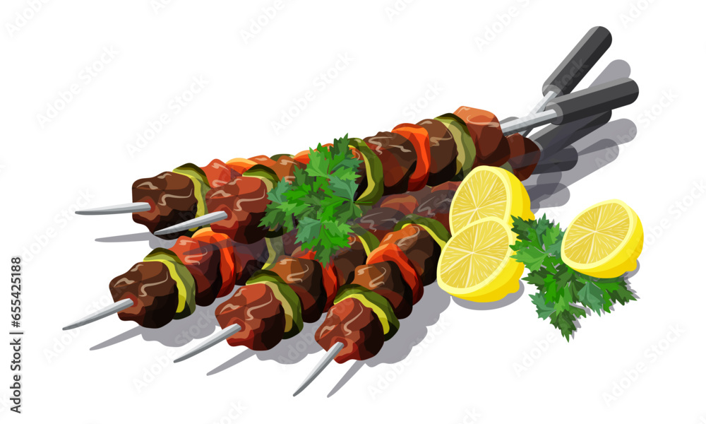Grilled pork skewer (shashlik) with green peppers, tomatoes served with parsley and lemon. Vector illustration. Grilled pork skewer (shashlik) with green peppers, tomatoes served with parsley and lemon. Vector illustration.