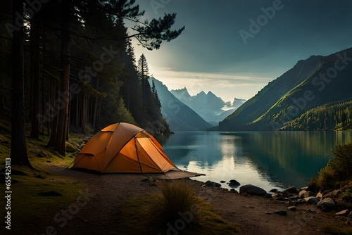 Camping tent near the lake. Created with generative Ai technology. photo