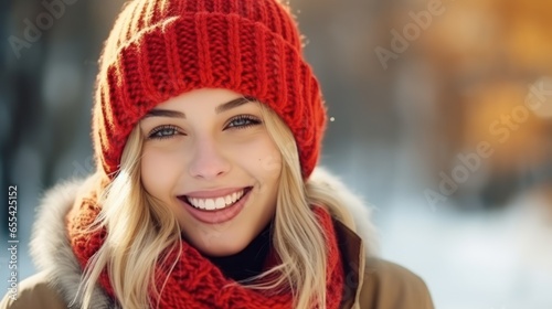 Happy girl with scarf and hat with winter outdoor