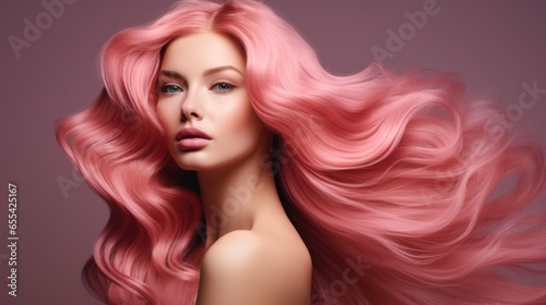 A woman with long dyed pink hair. Concept of hair care and coloring, female beauty.