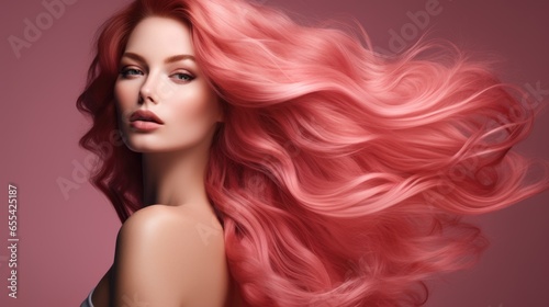 A woman with long dyed pink hair. Concept of hair care and coloring, female beauty.