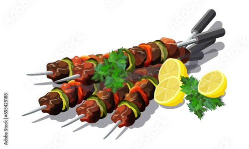 Grilled pork skewer (shashlik) with green peppers, tomatoes served with parsley and lemon. Vector illustration.