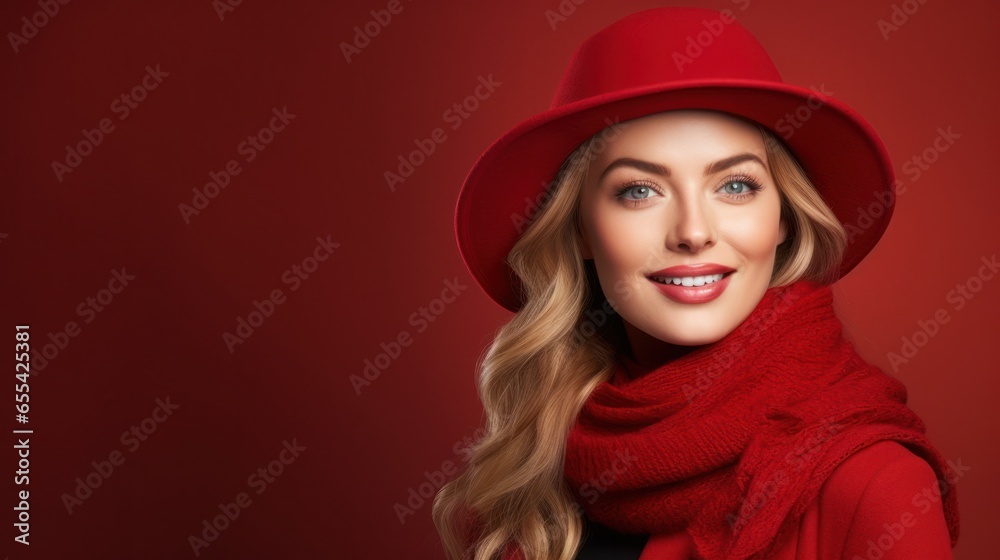 Happy woman in elegant red clothes with copy space on red background Happy woman in elegant red clothes with copy space on red background