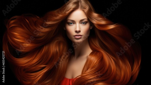 Photo of a brown-haired woman with long luxurious wavy hair. Hair care concept, hair coloring.
