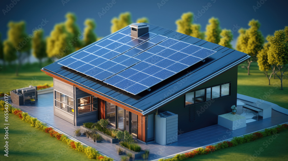 futuristic generic smart home with solar panels rooftop system for renewable energy concepts, solid background, 3d render. generative ai