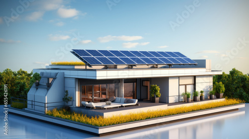 futuristic generic smart home with solar panels rooftop system for renewable energy concepts, solid background, 3d render. generative ai