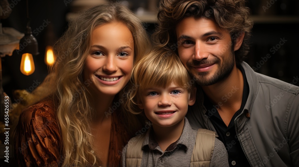 The family captures a moment of togetherness in a photography studio.