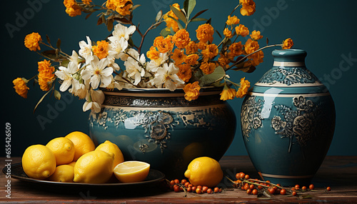 Vase, nature, decoration, table, flower, wood, leaf, fruit, freshness, old fashioned generated by AI