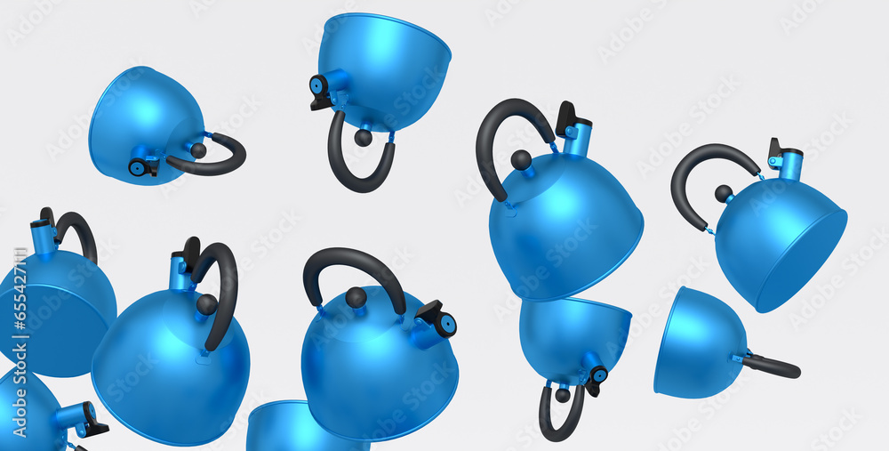 Many of flying steel stovetop kettle with whistle isolated on white background. Many of flying steel stovetop kettle with whistle isolated on white background.