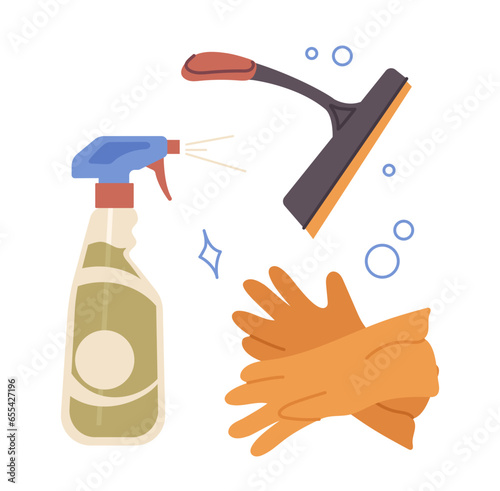 House and office window washing and cleaning items, set of gloves, detergent spray and squeegee