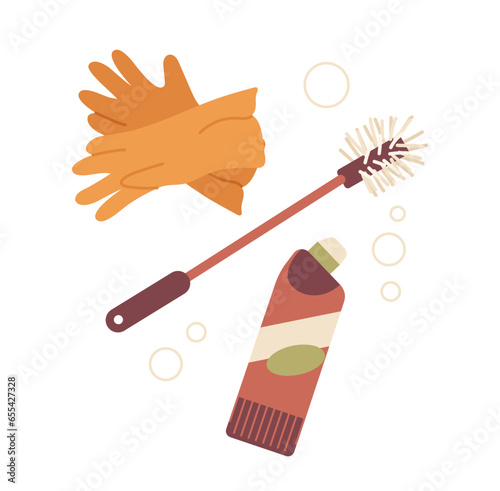 Supplies for toilet bow cleansing, set of protective rubber gloves, brush and antibacterial powder