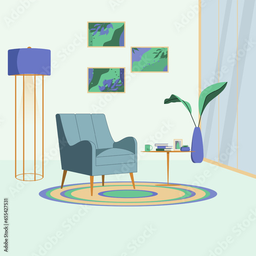 Mid century style reading nook interior design in violet and green with blue armchair, big window, floor lamp, wall art set, coffee table, books, mug, home plants. Flat illustration for your projects