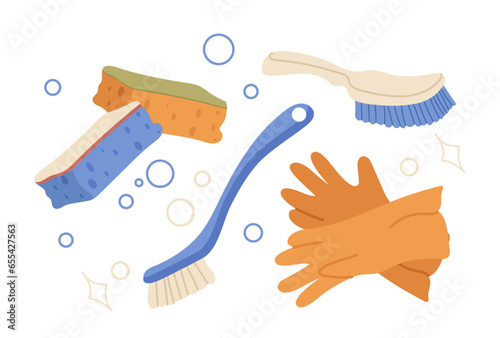 Protective rubber gloves  different brushes  washcloth and sponge cleaning stuff vector illustration