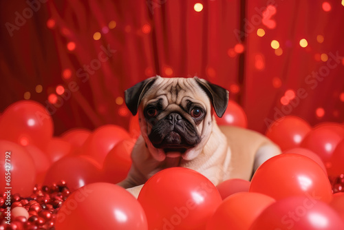 Cute cheerful pug puppy with red balloons on birthday party. Holiday and birthday concept © Galina_R