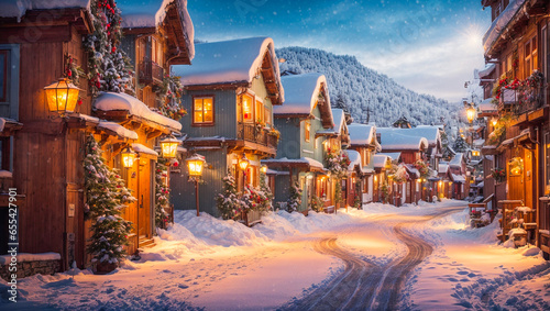 Cute village street, houses, winter, snow © tanya78