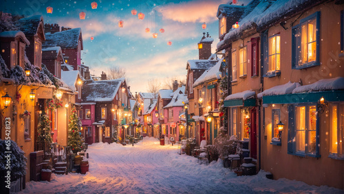 Cute village street, houses, winter, snow