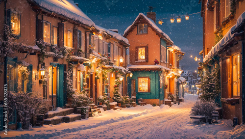 Cute village street  houses  winter  snow