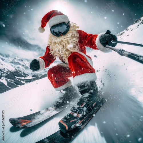 Santa Clause skiing in Snow Christmas celebration festival holiday Santaclause Gopro Ultrawide inaction midair flying photo shot background Poster Wallart Invitation Greeting Instagram post realistic photo