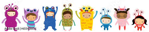 Cute children dressed in funny monster costumes, vector illustration elements for Halloween celebration designs, birthday party invitations and carnival and festival posters