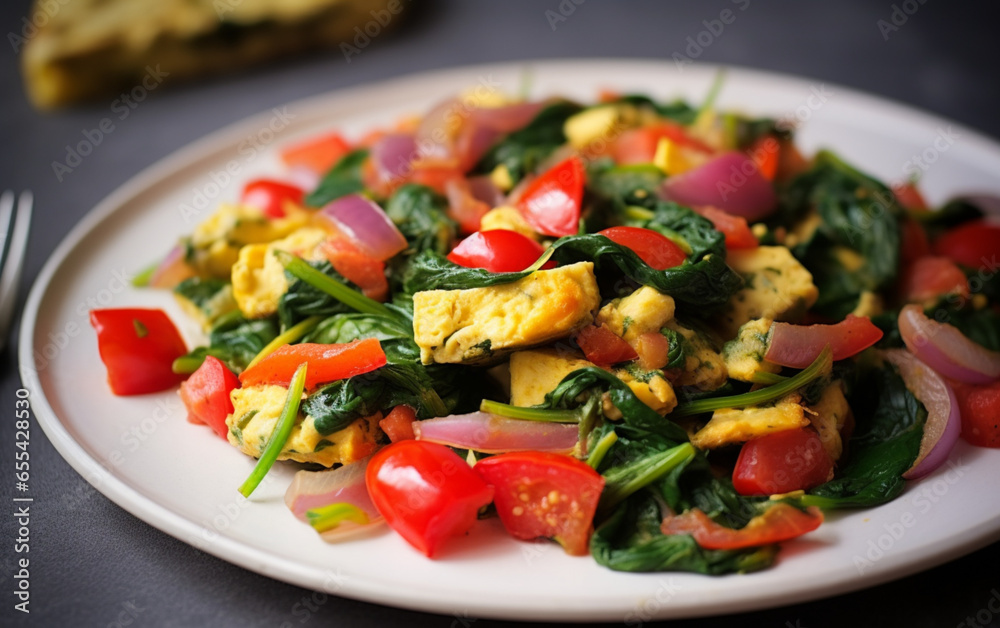 Tofu Scramble with spinach red onions and bell peppers, generative ai