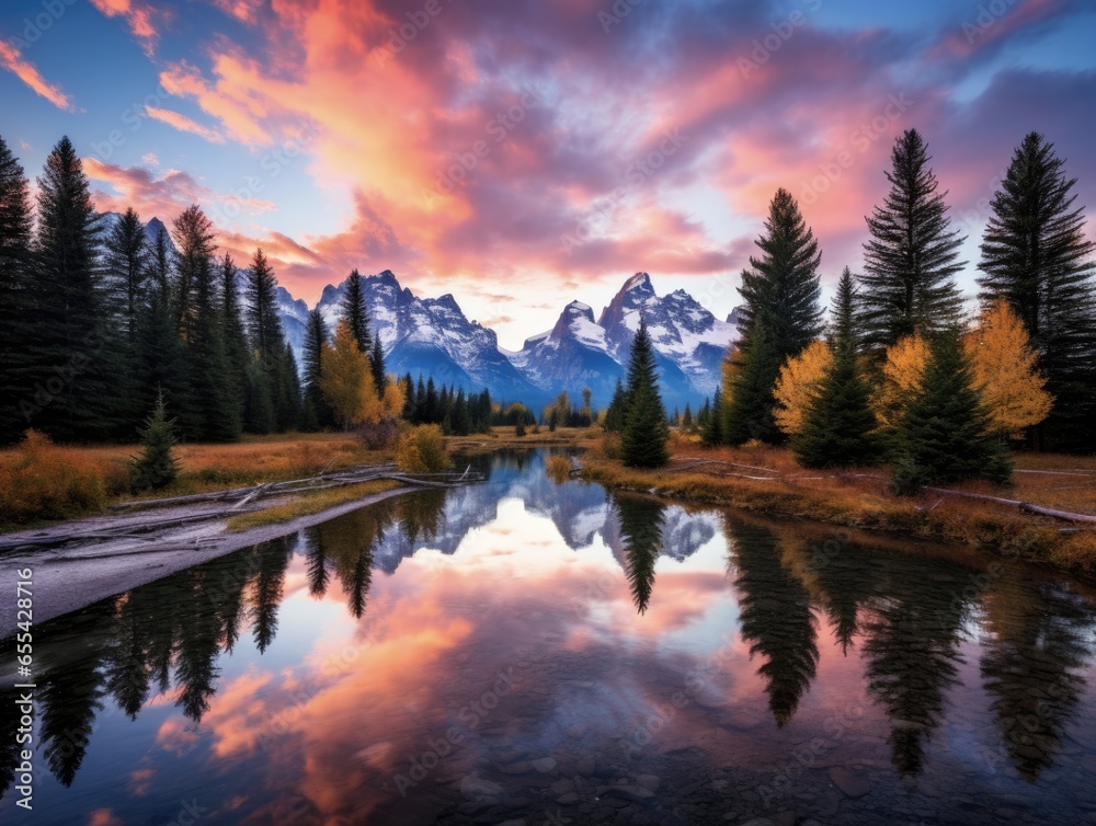 Schwabacher Landing at Sunrise, Grand Teton National Park. Majestic landscape with Reflections in Water, Towering Mountains, and lush Forest Trees