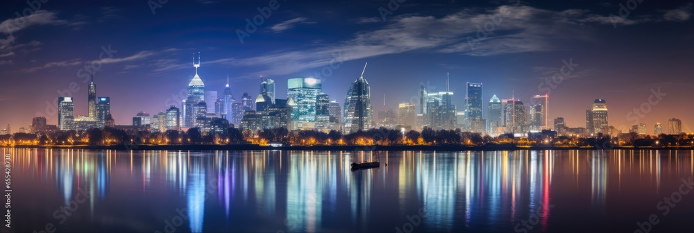 Night Panoramic View of Warsaw Skyline and City Landscape over Vistula River in Poland - obrazy, fototapety, plakaty 