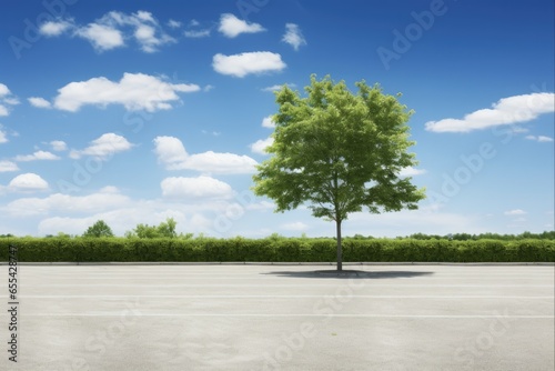 Vacant Parking Spaces in Summertime: Scenic View of Empty Parking Lot Surrounded by Trees, Blue Sky and Green Foliage