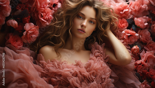 Beautiful caucasian woman with long curly brown hair and pink dress generated by AI