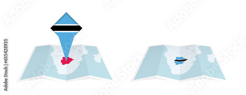 Two versions of an Botswana folded map, one with a pinned country flag and one with a flag in the map contour. Template for both print and online design.