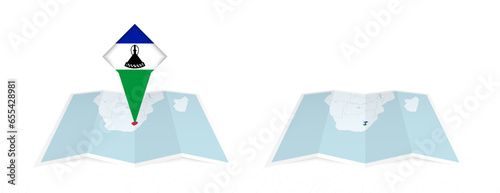Two versions of an Lesotho folded map, one with a pinned country flag and one with a flag in the map contour. Template for both print and online design.