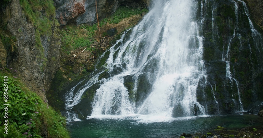 Powerful stream in green coniferous forest with fir trees. Full-flowing mountain waterfall in Alps. Gollinger Wasserfall in Austria. Powerful stream in green coniferous forest with fir trees. Full-flowing mountain waterfall in Alps. Gollinger Wasserfall in Austria.