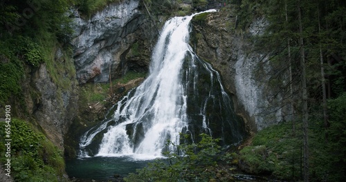 Full-flowing mountain waterfall in Alps. Gollinger Wasserfall in Austria. Powerful stream in green coniferous forest with fir trees. photo