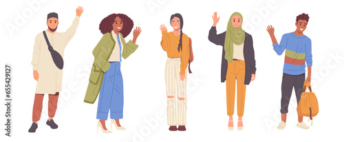 Diverse international happy people cartoon positive character waving hands with greeting gesture