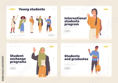 International high school, abroad education, exchange program for students landing page set