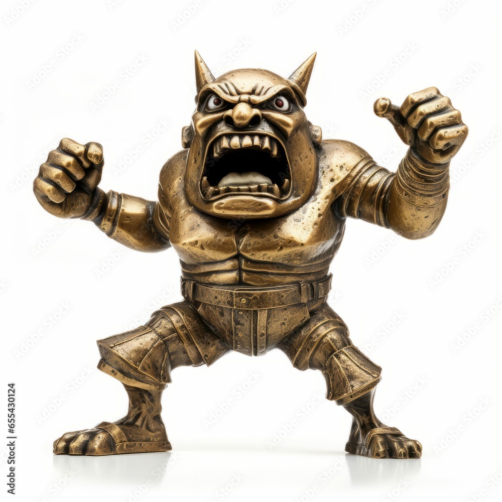 Angry Bronze Horned Anger Monster, Scowling Rage Goblin with Horns, Yelling Troll Statue or Screaming Ogre Figurine, Isolated on White Background Angry Bronze Horned Anger Monster, Scowling Rage Goblin with Horns, Yelling Troll Statue or Screaming Ogre Figurine, Isolated on White Background