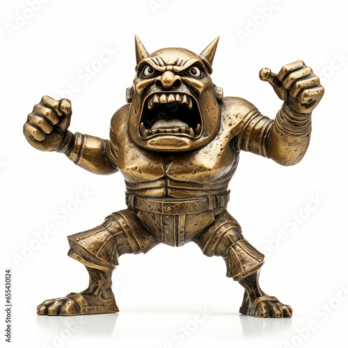 Angry Bronze Horned Anger Monster  Scowling Rage Goblin with Horns  Yelling Troll Statue or Screaming Ogre Figurine  Isolated on White Background