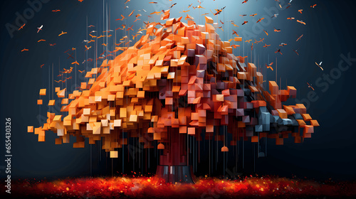 A colored tree in pixel form  covered in colorful bricks  in the style of surrealistic futuristic